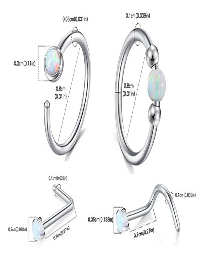 AVYRING Silver Nose Rings Hoops Opal Set - 18g & 20g Nose Piercing Jewelry Surgical Steel Nose Studs L Shaped Screw White Opal - Image 5